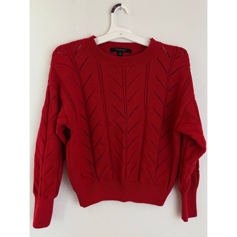 Marc New York Andrew Marc Red Pointelle Chevron Knit Crew Neck Sweater Medium